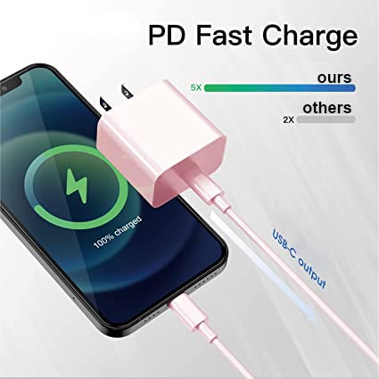 [Apple MFI Certified] iPhone Charger Apple Block USB C Fast Wall Plug with 6ft USB C to Lightning Cable for iPhone13/14/14 plus/12/pro/pro max/11/Air pods pro/iPad air 3/min4 (Pink, 1PACK)