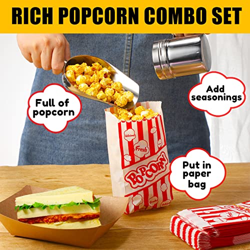 Potchen 402 Pcs Popcorn Machine Supplies Set Including Stainless Steel Popcorn Scoop, 400 Pcs 1oz Popcorn Bags Bundle and Popcorn Shaker Dredge with Handle for Commercial and Home Use