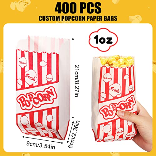 Potchen 402 Pcs Popcorn Machine Supplies Set Including Stainless Steel Popcorn Scoop, 400 Pcs 1oz Popcorn Bags Bundle and Popcorn Shaker Dredge with Handle for Commercial and Home Use