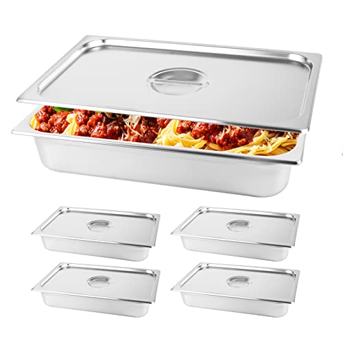 Restlrious Hotel Pan Full Size Stainless Steel Steam Table Pan with Lid, 4" Deep Chafer Food Pan, Pack of 4 Stackable Anti-Jam Steam Pan for Hotel, Restaurant Supplies, Party, Buffet & Event Catering