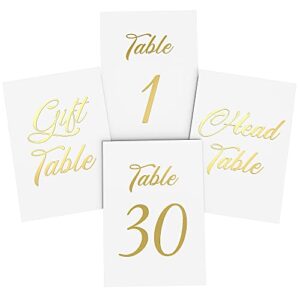 gold table numbers 1-30 for wedding reception - gold foil table number cards 4x6 inch with head & gift table - restaurant table numbers - wedding numbers for tables card stock wedding table numbers
