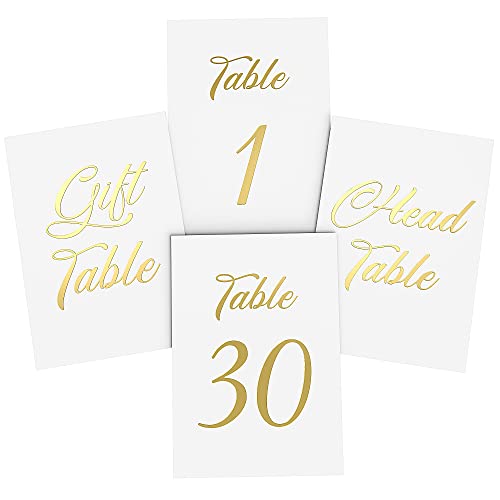 Gold Table Numbers 1-30 for Wedding Reception - Gold Foil Table Number Cards 4x6 Inch with Head & Gift Table - Restaurant Table Numbers - Wedding Numbers for Tables Card Stock Wedding Table Numbers