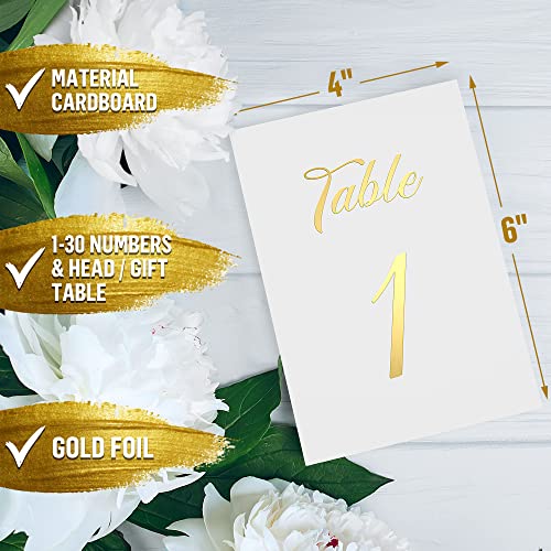 Gold Table Numbers 1-30 for Wedding Reception - Gold Foil Table Number Cards 4x6 Inch with Head & Gift Table - Restaurant Table Numbers - Wedding Numbers for Tables Card Stock Wedding Table Numbers