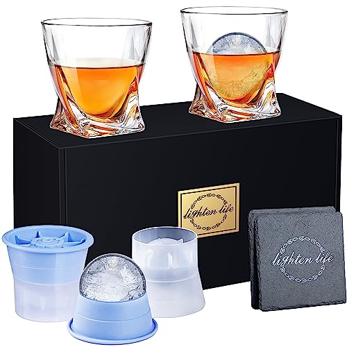 LIGHTEN LIFE Whiskey Glasses with Ice Molds-(2 Crystal Bourbon Glass,2 Iceball Maker,2 Coasters) in Gift Box,Non-Lead Whiskey Rock Glasses,Old Fashioned Glass for Liquor,Whiskey Glass Set 2 for Men