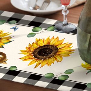 CMEGKE Sunflower Table Runner, Buffalo Floral Table Runner, Kitchen Dining Table Decor for Seasons Spring Summer Fall Farmhouse Home Party Indoor Outdoor Decor 13x72 in