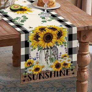 CMEGKE Sunflower Table Runner, Buffalo Floral Table Runner, Kitchen Dining Table Decor for Seasons Spring Summer Fall Farmhouse Home Party Indoor Outdoor Decor 13x72 in