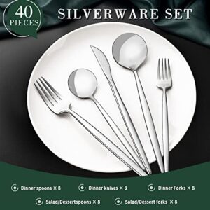 40-Piece Silverware Set for 8, CEKEE Stainless Steel Flatware Cutlery Set for Home Restaurant Hotel Apartment, Kitchen Utensils Set Included Knife Spoon and Fork Set- Mirror Polished & Dishwasher Safe