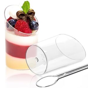 toflen 50 pack mini dessert cups with spoons - 2.2 oz clear plastic parfait cups reusable party serving cups for appetizers - round slanted dessert shot glasses