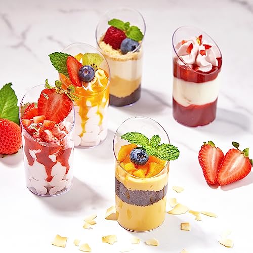 TOFLEN 50 Pack Mini Dessert Cups with Spoons - 2.2 oz Clear Plastic Parfait Cups Reusable Party Serving Cups for Appetizers - Round Slanted Dessert Shot Glasses