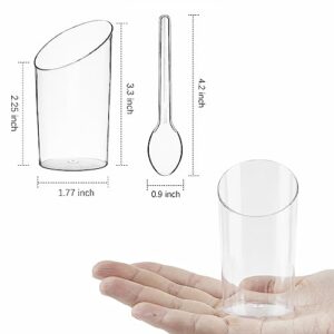 TOFLEN 50 Pack Mini Dessert Cups with Spoons - 2.2 oz Clear Plastic Parfait Cups Reusable Party Serving Cups for Appetizers - Round Slanted Dessert Shot Glasses