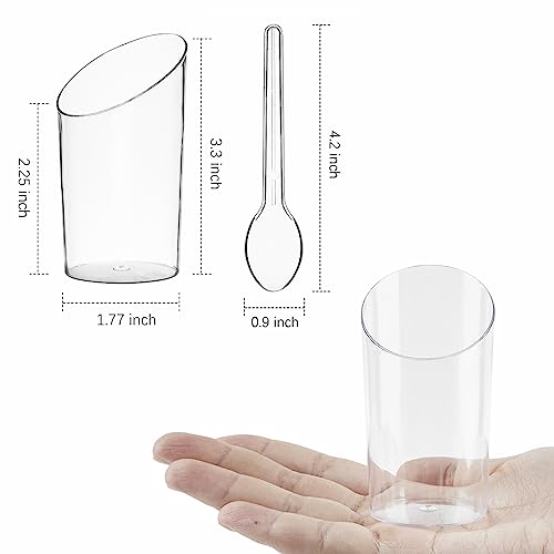 TOFLEN 50 Pack Mini Dessert Cups with Spoons - 2.2 oz Clear Plastic Parfait Cups Reusable Party Serving Cups for Appetizers - Round Slanted Dessert Shot Glasses