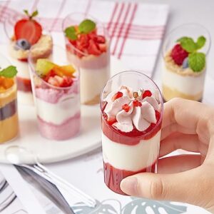 TOFLEN 50 Pack Mini Dessert Cups with Spoons - 2.2 oz Clear Plastic Parfait Cups Reusable Party Serving Cups for Appetizers - Round Slanted Dessert Shot Glasses