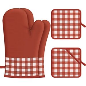oven mitts and pot holders, 4 piece heat resistant thick cotton oven mitts, comfortable cotton oven gloves for cooking, baking and grilling, red plaid