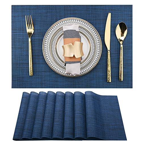 SLKQG Navy Blue Placemats Set of 8 - Easy Clean Washable Vinyl Placemats - Wipeable Heat Resistant Table Mats for Dining Table - 17x12 Inch (Navy Blue, 8)