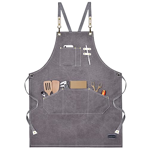 SHAWNTOO Chef Aprons for Men Women with Large Pockets, Cotton Canvas Cross Back Heavy Duty Adjustable Work Apron,Kitchen Cooking M-XXL