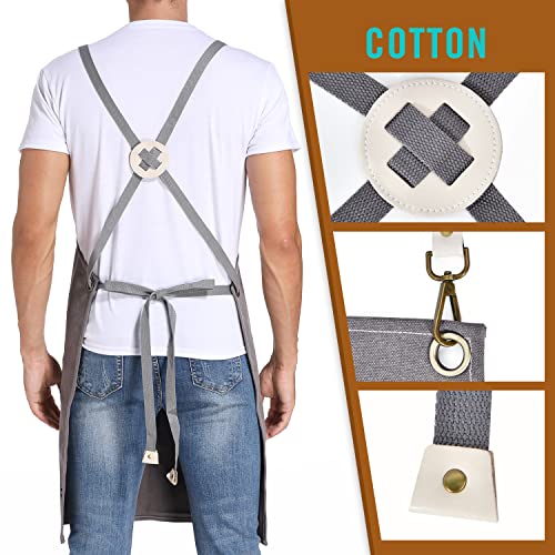 SHAWNTOO Chef Aprons for Men Women with Large Pockets, Cotton Canvas Cross Back Heavy Duty Adjustable Work Apron,Kitchen Cooking M-XXL