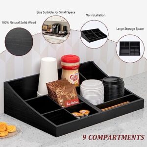 ANBOXIT Coffee Station Organizer for Countertop, Coffee Condiment Service Tray, Coffee Bar Supplies Organizer for Home, Office and Breakroom - Wooden, Black, 9 Compartment, Two-in-One