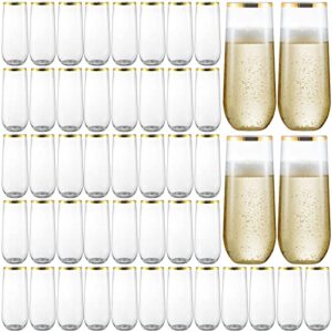 eventpartener 48 pack plastic stemless champagne flutes, disposable unbreakable 9 oz toasting glasses with gold rim, fancy & shatterproof champagne glasses, ideal for wedding, birthday, party, easter