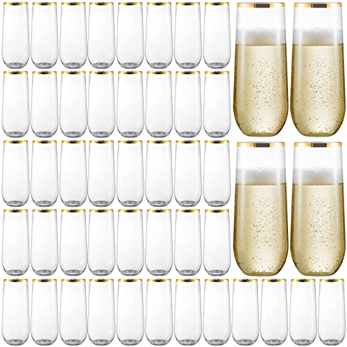 eventpartener 48 Pack Plastic Stemless Champagne Flutes, Disposable Unbreakable 9 Oz Toasting Glasses With Gold rim, Fancy & Shatterproof Champagne Glasses, Ideal for Wedding, Birthday, Party, Easter