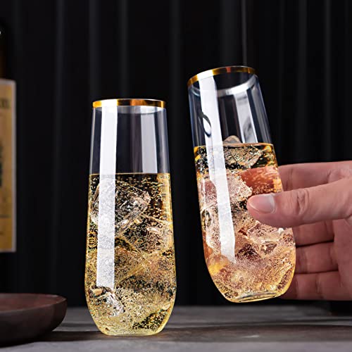 eventpartener 48 Pack Plastic Stemless Champagne Flutes, Disposable Unbreakable 9 Oz Toasting Glasses With Gold rim, Fancy & Shatterproof Champagne Glasses, Ideal for Wedding, Birthday, Party, Easter