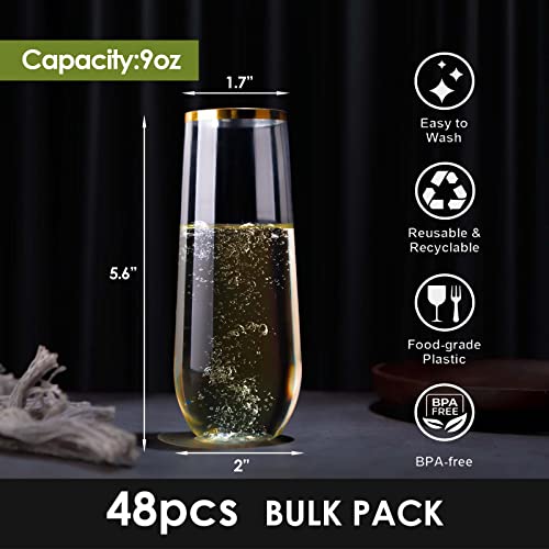 eventpartener 48 Pack Plastic Stemless Champagne Flutes, Disposable Unbreakable 9 Oz Toasting Glasses With Gold rim, Fancy & Shatterproof Champagne Glasses, Ideal for Wedding, Birthday, Party, Easter