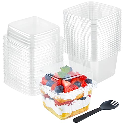 Qeirudu 50 Pack 8 oz Square Plastic Dessert Cups with Lids and Sporks, Disposable Cake Cups with Lids, Yogurt Parfait Containers for Fruit, Pudding, Mousse, Ice Cream and Strawberry Shortcake