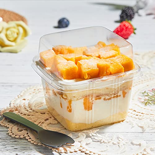 Qeirudu 50 Pack 8 oz Square Plastic Dessert Cups with Lids and Sporks, Disposable Cake Cups with Lids, Yogurt Parfait Containers for Fruit, Pudding, Mousse, Ice Cream and Strawberry Shortcake