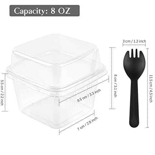 Qeirudu 50 Pack 8 oz Square Plastic Dessert Cups with Lids and Sporks, Disposable Cake Cups with Lids, Yogurt Parfait Containers for Fruit, Pudding, Mousse, Ice Cream and Strawberry Shortcake