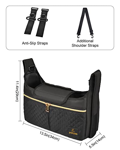 YaKuss Universal Stroller Organizer Bag with Cup Holder Shoulder Diaper Handbag Baby Accessories Three Way to Carrier Fits Britax, Uppababy, Baby Jogger, BOB and Donna Stroller,1.0 Black