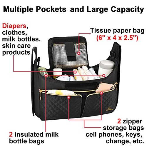 YaKuss Universal Stroller Organizer Bag with Cup Holder Shoulder Diaper Handbag Baby Accessories Three Way to Carrier Fits Britax, Uppababy, Baby Jogger, BOB and Donna Stroller,1.0 Black