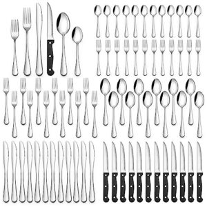 48-piece silverware set with steak knives, flatware set for 8, food-grade stainless steel tableware cutlery set, utensil sets for home restaurant, mirror finish, dishwasher safe