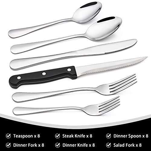 48-Piece Silverware Set with Steak Knives, Flatware Set for 8, Food-Grade Stainless Steel Tableware Cutlery Set, Utensil Sets for Home Restaurant, Mirror Finish, Dishwasher Safe