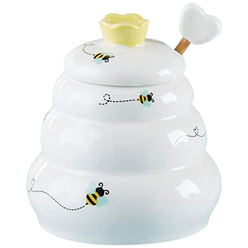 Kate Aspen Sweet as Can Bee Ceramic Mini Honey Pot with Wooden Honey Dipper (3.4 oz) Honey Jar, Bee Decor, White/Yellow (23261WT)