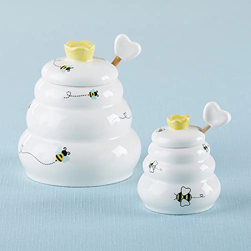 Kate Aspen Sweet as Can Bee Ceramic Mini Honey Pot with Wooden Honey Dipper (3.4 oz) Honey Jar, Bee Decor, White/Yellow (23261WT)