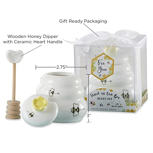 Kate Aspen Sweet as Can Bee Ceramic Mini Honey Pot with Wooden Honey Dipper (3.4 oz) Honey Jar, Bee Decor, White/Yellow (23261WT)