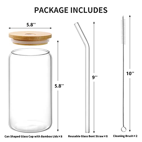 Drinking Glasses with Bamboo Lids and Glass Straw 8pcs Set, 16oz Beer Glasses Glass Cups, Iced Coffee Glasses, Ideal for Whiskey, Soda, Tea, Great Gift + 2 Cleaning Brushes