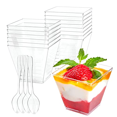 Qeirudu 50 Pack 3.5 oz Square Plastic Dessert Cups with Spoons, Mini Appetizer Cups Clear Parfait Shooter Cups for Tasting Party Small Desserts