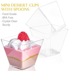 Qeirudu 50 Pack 3.5 oz Square Plastic Dessert Cups with Spoons, Mini Appetizer Cups Clear Parfait Shooter Cups for Tasting Party Small Desserts