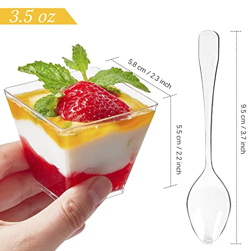 Qeirudu 50 Pack 3.5 oz Square Plastic Dessert Cups with Spoons, Mini Appetizer Cups Clear Parfait Shooter Cups for Tasting Party Small Desserts