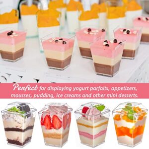 Qeirudu 50 Pack 5 oz Square Dessert Cups with Lids and Spoons - Mini Pudding Cups, Clear Plastic Parfait Cup, Appetizer Shooter Glasses for Cheesecake Mousse Fruit Ice cream