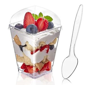 zezzxu 50 pack 5 oz dessert cups with dome lids and spoons mini parfait cups clear plastic tasting appetizer bowls for fruit ice cream pudding mousse