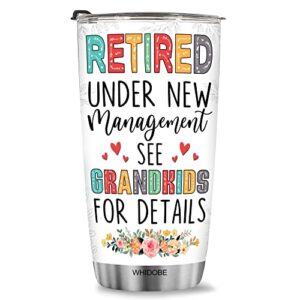 whidobe retired tumbler retired under new management see grandkids for details tumbler funny happy retirement gift for grandma women from grandkids on mothers day birthday anniversary christmas