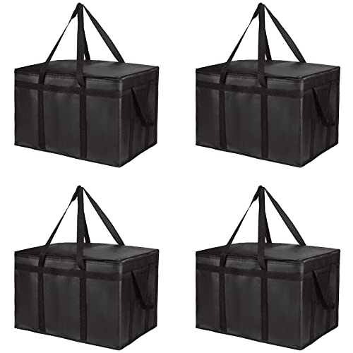 Bodaon 4-Pack Insulated Food Delivery Bag, XXX-Large Meal Grocery Tote Insulation Bag for Hot and cold Food, Commercial, Large Capacity Reusable Warming Bag, Black