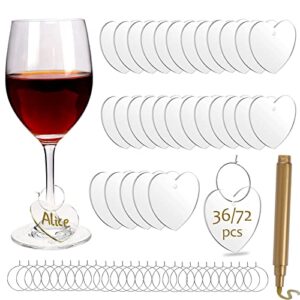 makalone 36pcs diy acrylic wine glass charms with 1 gold marker pen heart shaped drink markers clear wine glass name tags for valentine's day stem glasses wedding wine tasting party favors