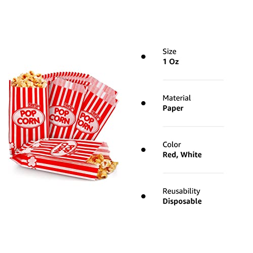 300 Pcs Popcorn Bags Grease Resistant Popcorn Bags Disposable Paper Popcorn Container for Christmas Thanksgiving Movie Theme Party Carnivals Popcorn Maker, Red and White Stripes (1 Oz)