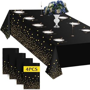 4 pack plastic table cloth cover for parties disposable, black and gold tablecloth for 8 foot rectangle tables, birthday wedding graduation father valentine's day easter party supplies decorations
