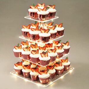 yumhouse cupcake stand for 50 cupcakes,4-tier acrylic cupcake tower holder,cupcake holder,dessert stands with led light string for cupcake display,wedding,birthday,baby shower