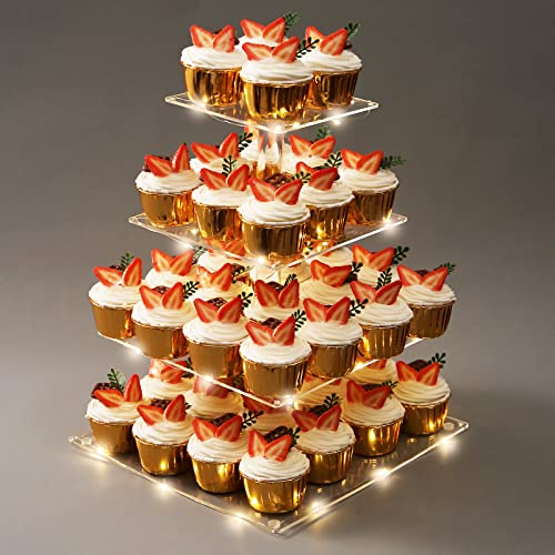 4 Tier Acrylic Cupcake Stand for 50 Cupcakes Dessert Tower with LED String - Square