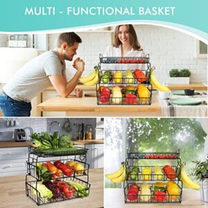 HOUMESO 3-Tier Countertop Fruit Basket Bowl with Banana Holder for Kitchen Beveled Detachable Fruit Vegetable Holder Storage Stand for Sorting Fruits