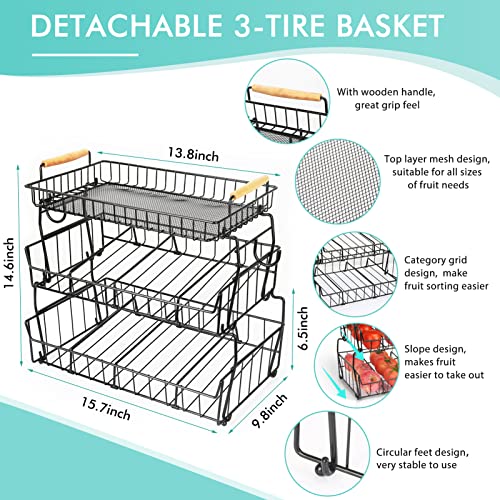 HOUMESO 3-Tier Countertop Fruit Basket Bowl with Banana Holder for Kitchen Beveled Detachable Fruit Vegetable Holder Storage Stand for Sorting Fruits